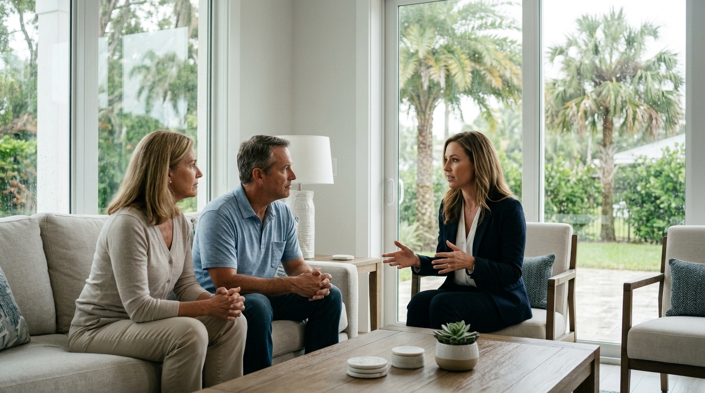 Florida listing agent speaking with homeowners in a bright coastal home while rain falls outside