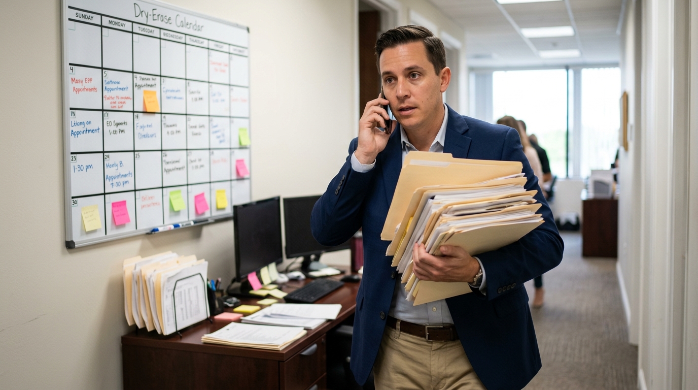 A real estate agent walking quickly through a hallway carrying folders and pressing a phone to their ear, with a packed calendar visible on the wall behind them, natural light and motion blur conveying urgency