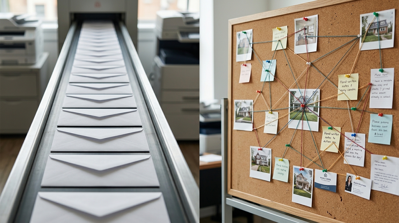 Split image showing a straight conveyor belt of identical envelopes on the left versus a branching network of connected threads, deal photos, and pins on a corkboard on the right