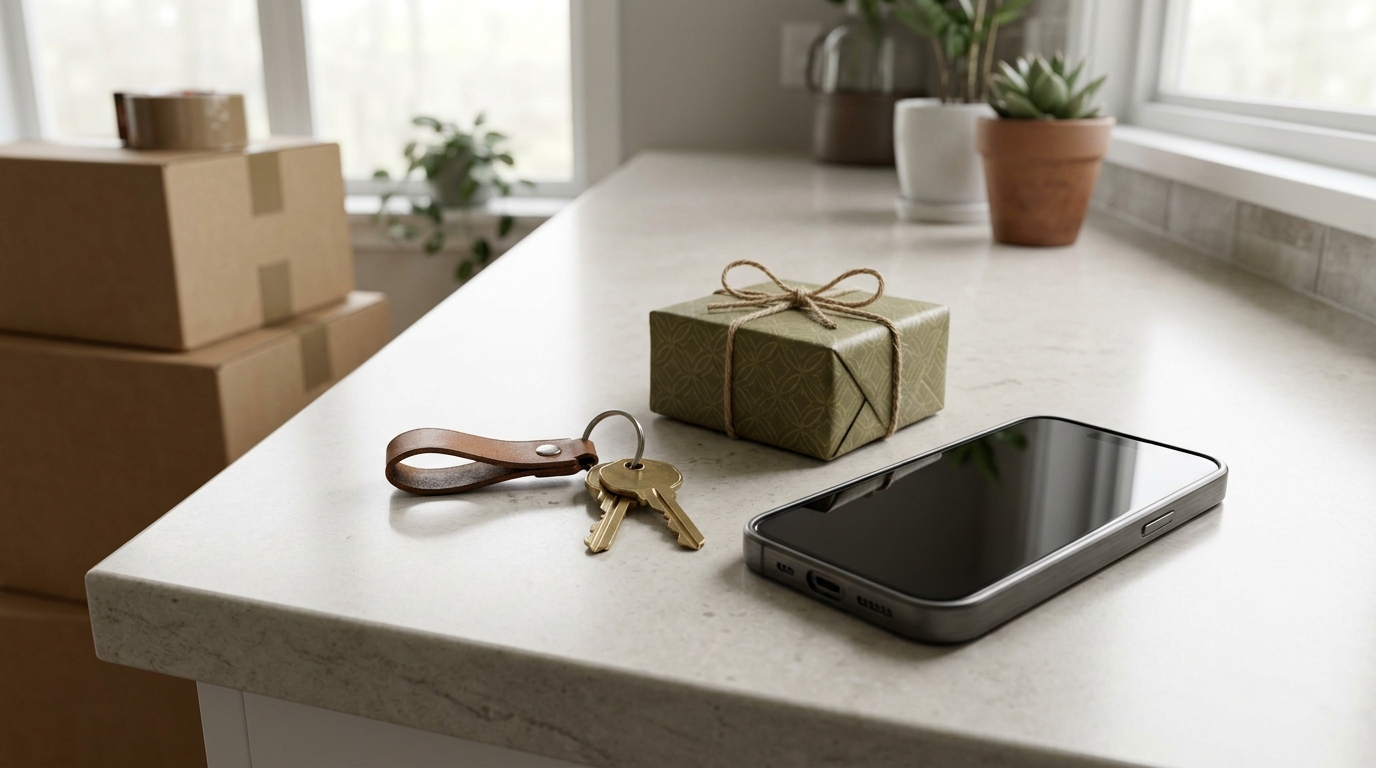 Kitchen counter in a recently moved-into home with house keys and a closing gift sitting untouched, a phone nearby showing no recent messages from the agent