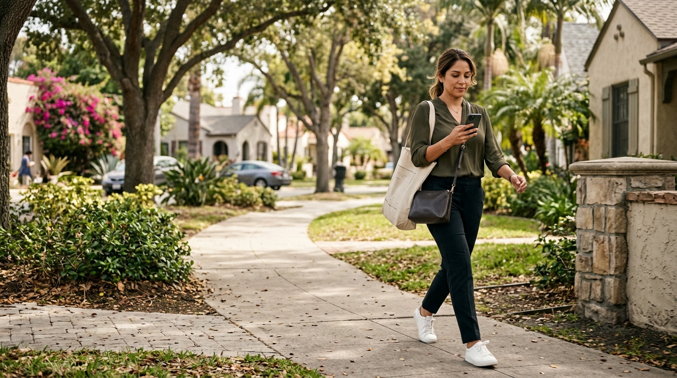 A real estate agent walking through a sunny residential neighborhood, phone in hand showing a notification, looking relaxed and in motion rather than stuck at a desk