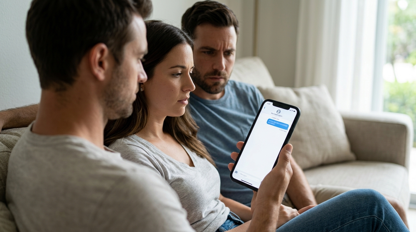 A couple sitting on a couch looking at a phone screen showing a real estate agent contact with the last message timestamped days ago, capturing the client experience of communication silence during an active deal