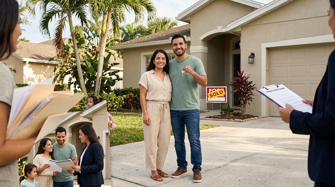 A young couple holding keys in front of a modest single-family home with a Sold sign, warm natural light with Sun Belt landscaping in the background
