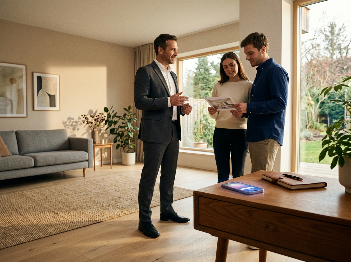 A real estate agent mid-conversation with clients inside a bright modern living room during a showing, their phone on a side table with a notification light glowing, shallow depth of field, warm natural light