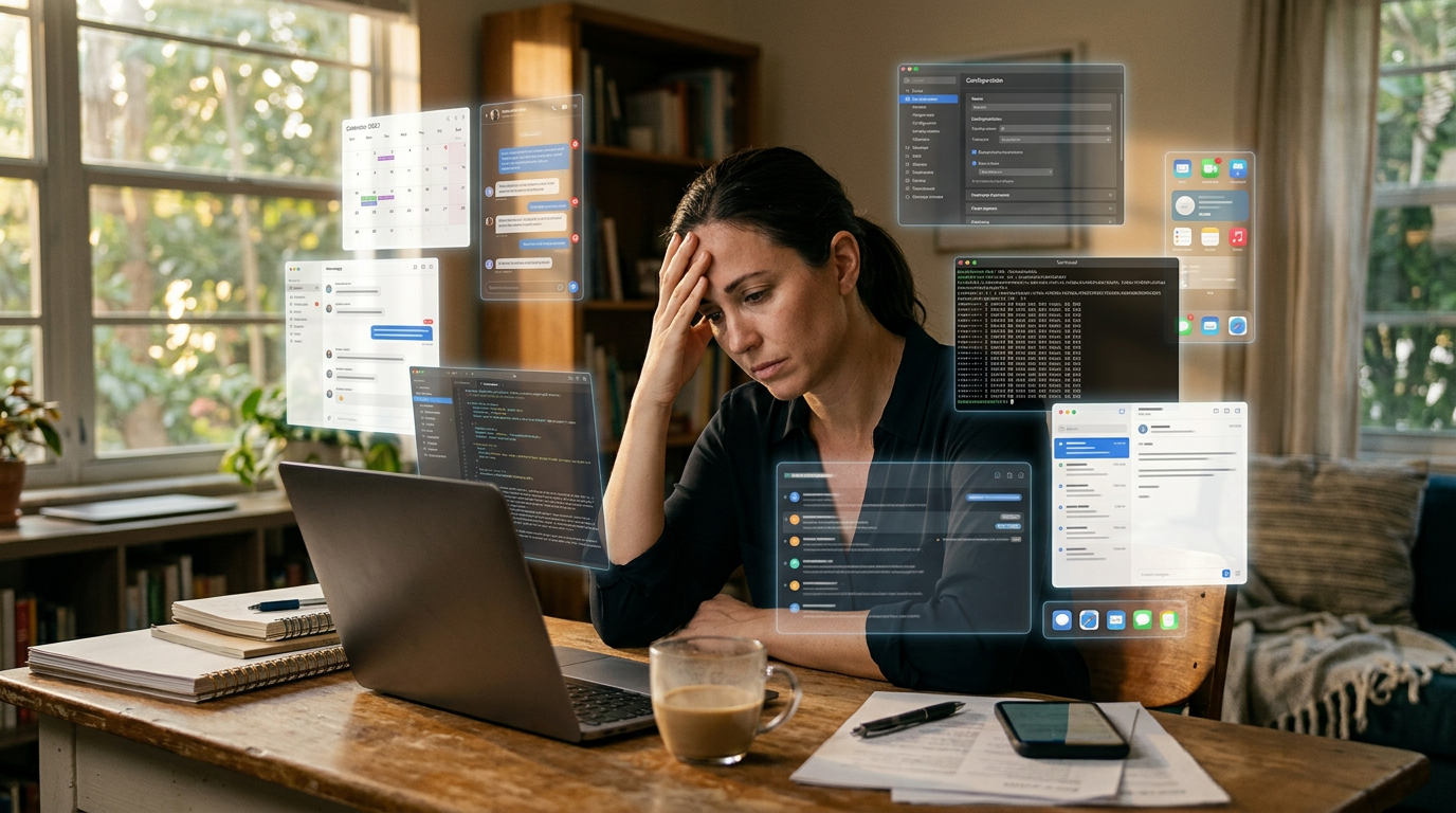 A real estate agent at a home office desk looking mentally drained, surrounded by overlapping translucent holographic panels representing competing tools and notifications, warm late-afternoon light, shallow depth of field, hyper-realistic editorial photography