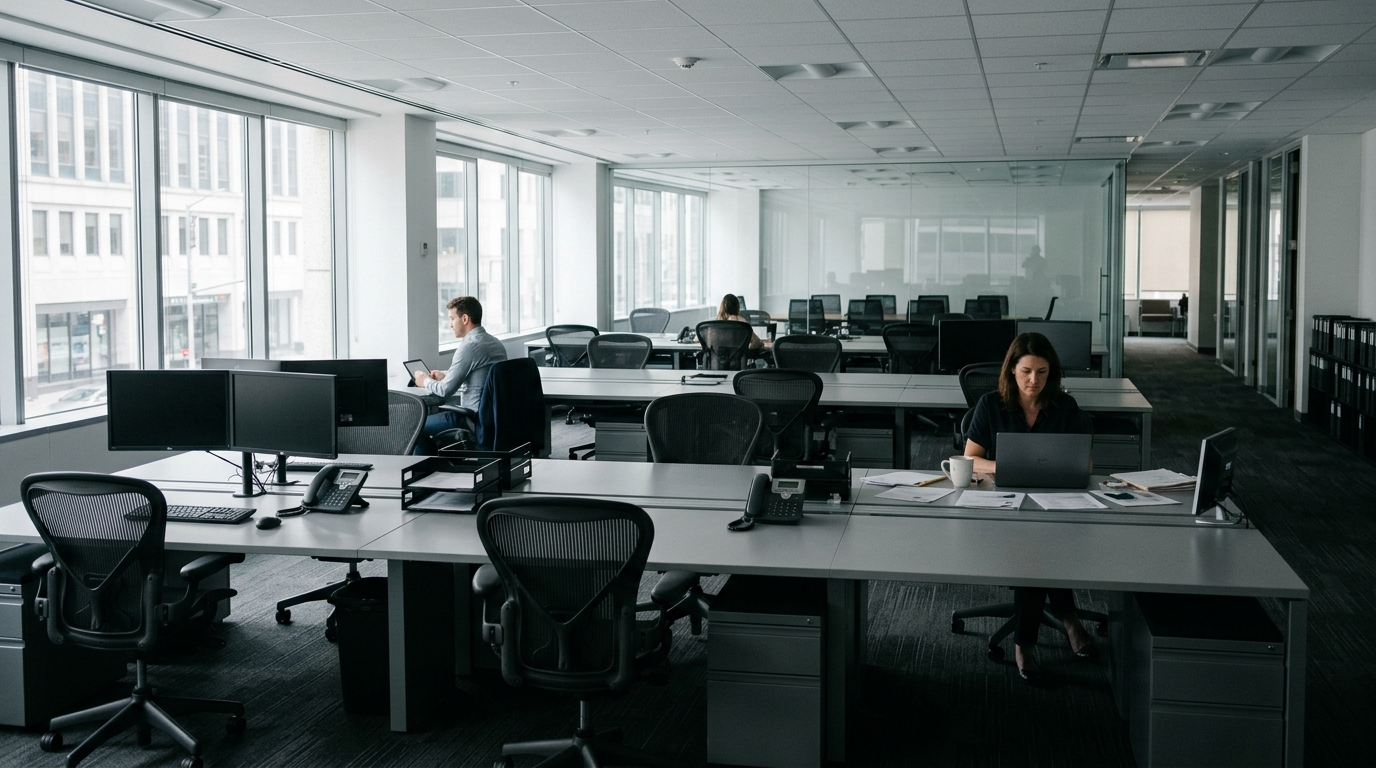 A nearly empty real estate office bullpen with a few desks occupied and most chairs pushed in, natural daylight streaming through windows, conveying quiet transition