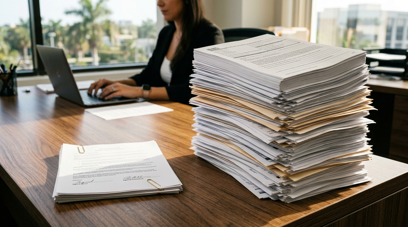 A real estate agent's desk with a neat stack of signed documents on one side and a chaotic pile of unsigned forms on the other, natural office lighting