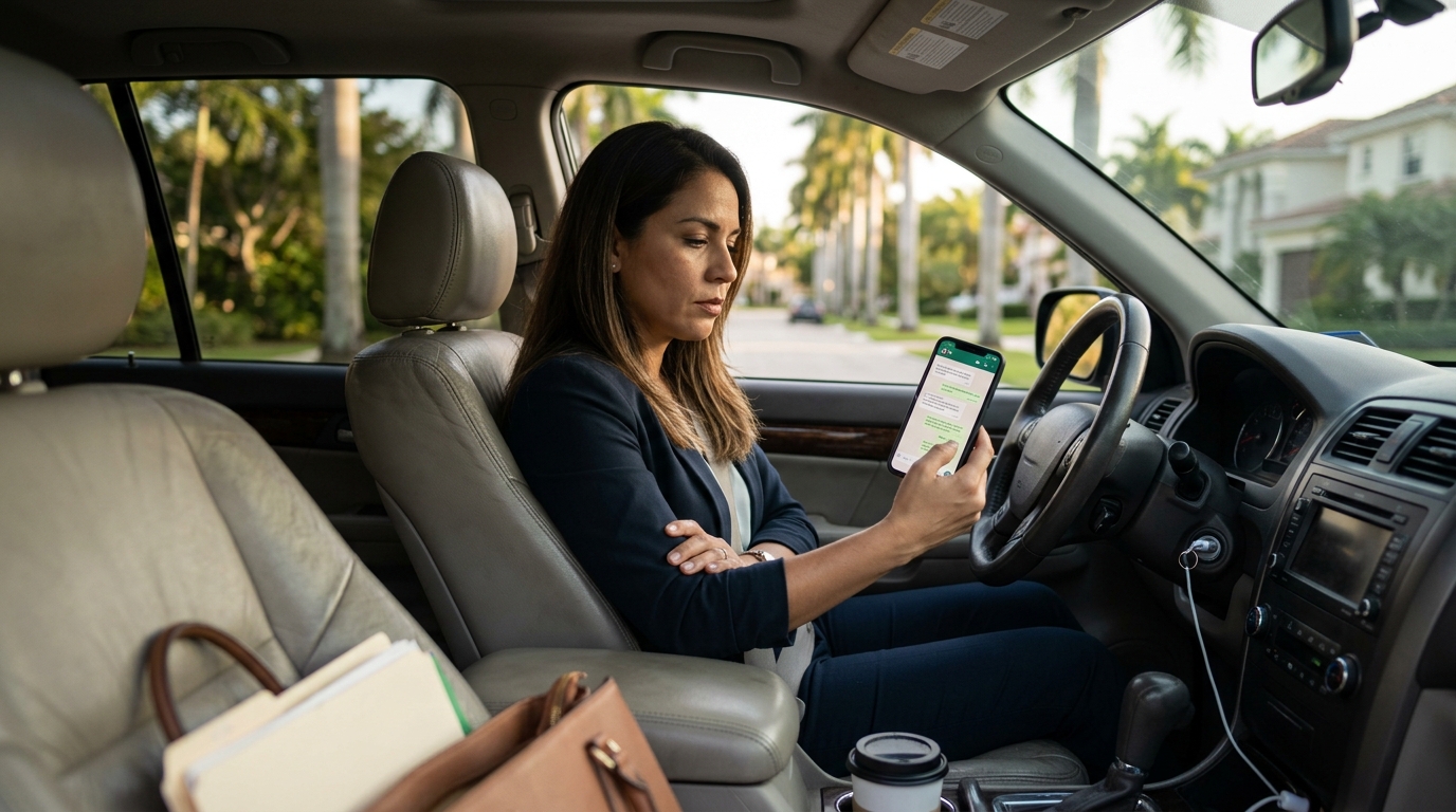 A bilingual real estate agent sitting in a parked car between showings, checking a phone displaying a WhatsApp conversation with Spanish-language deal updates