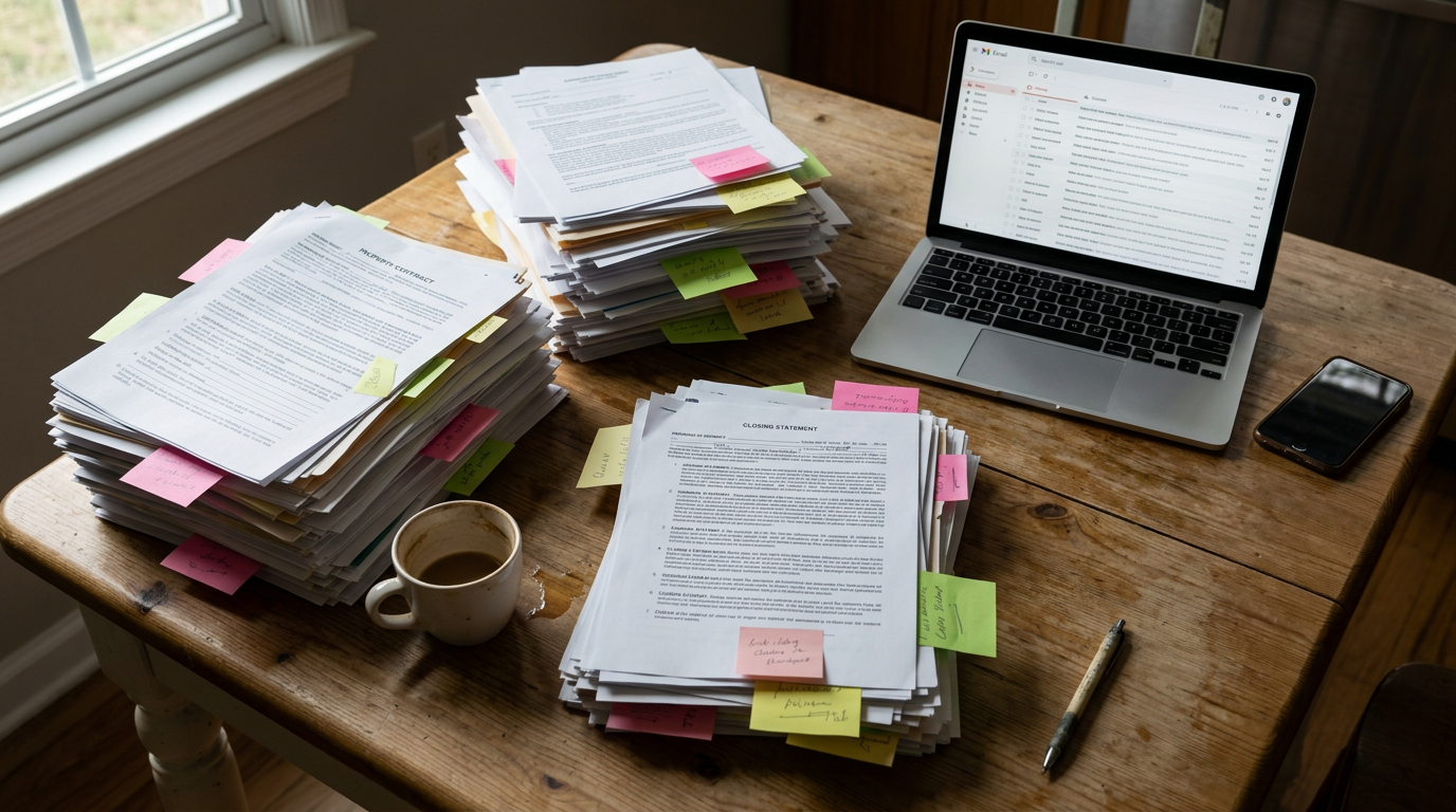Overhead view of a cluttered kitchen table with three separate stacks of real estate documents, colorful sticky notes, a half-empty coffee mug, and a laptop open to an email inbox in early morning light