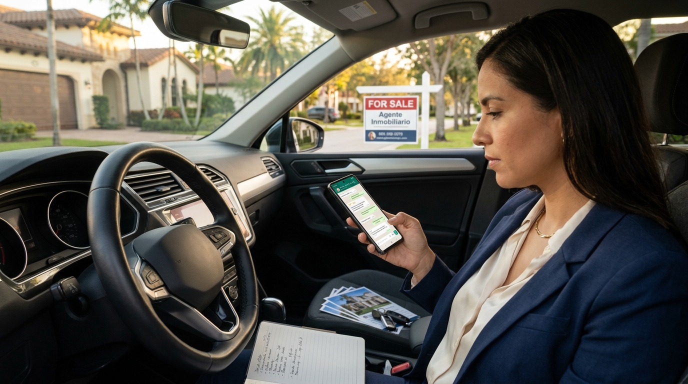 Real estate agent sitting in a car after a showing, typing a WhatsApp follow-up message on a smartphone with late afternoon sunlight on the dashboard