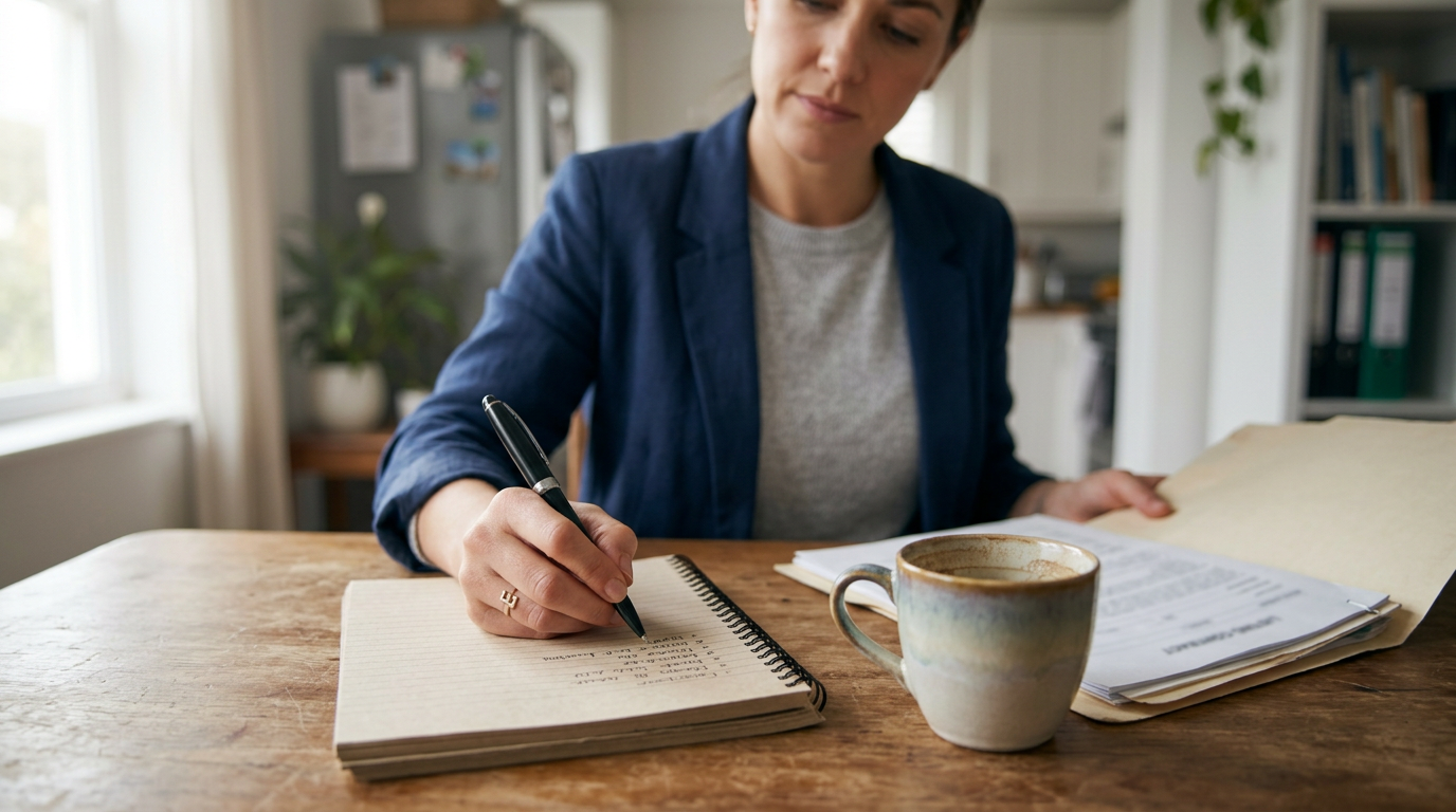 A real estate agent's hand holding a pen over a lined notepad with task entries, a coffee cup nearby, under early morning kitchen table lighting