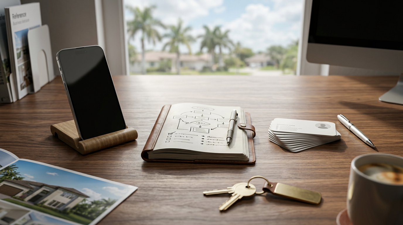 Three paths diverging from a single point on a clean desk — a phone representing AI, a notepad with a process sketch representing systems, and a business card representing hiring — warm editorial light