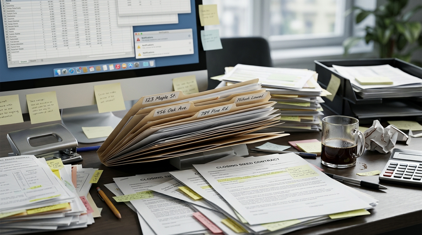 A real estate agent's desk with three overlapping deal folders, scattered sticky notes, a phone showing multiple notification badges, and a half-finished coffee — organized chaos tipping toward actual chaos