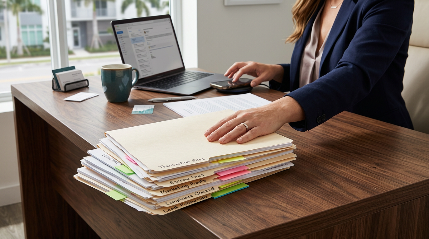 A real estate agent's desk with folders being pushed aside while the agent reaches for a phone, symbolizing clearing admin to get back to selling work