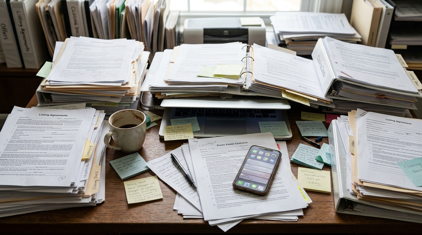 Overhead view of a cluttered real estate agent's desk with printed contracts, a phone showing notifications, sticky notes, a half-open laptop, and a coffee mug in soft natural light