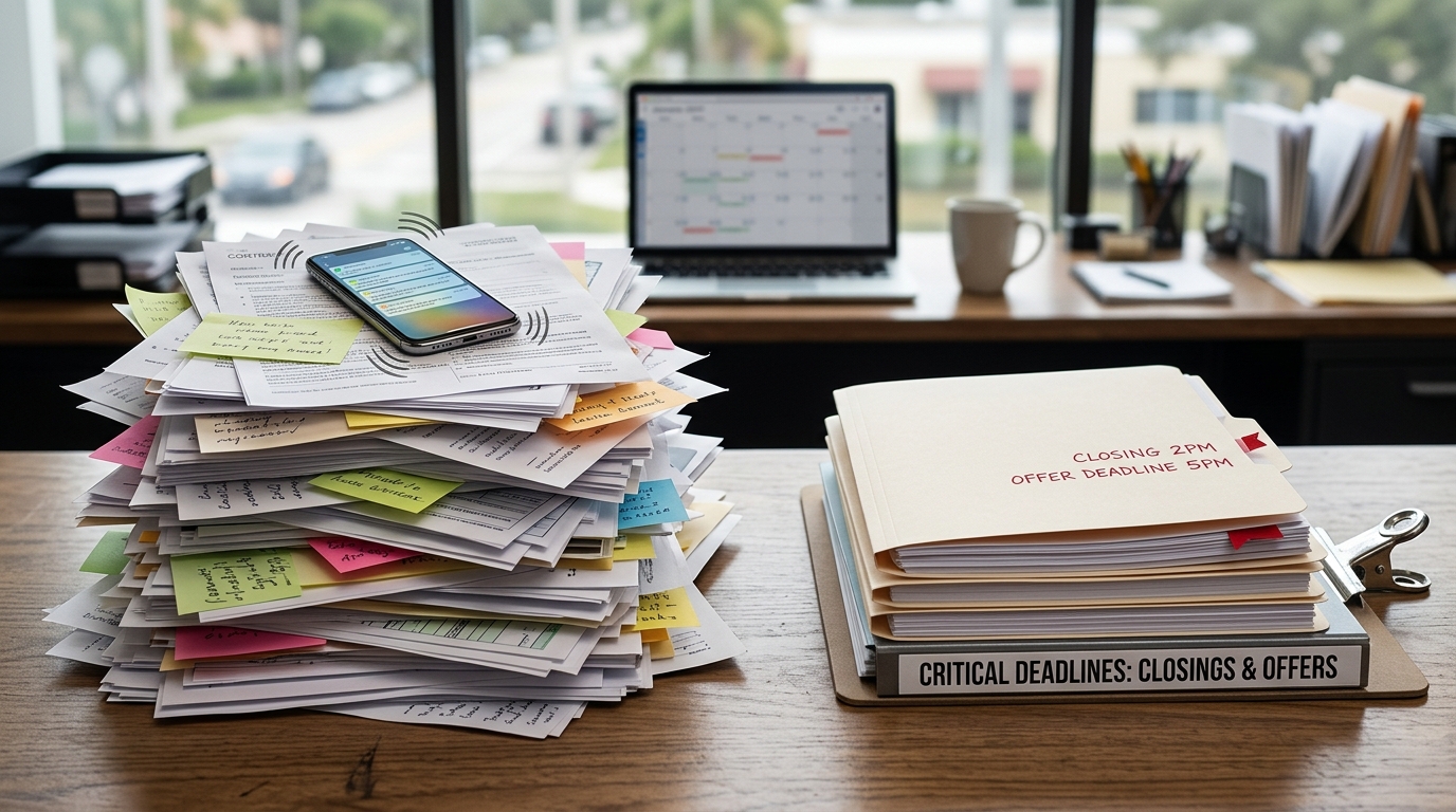 A desk with two distinct piles — one towering and chaotic with sticky notes and a buzzing phone, the other small and neat with a single deadline-marked folder — showing the contrast between noisy tasks and quiet critical ones