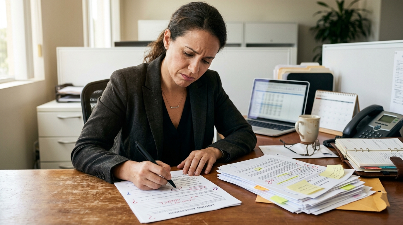 A real estate agent at a desk holding a printed form with a red pen, circling errors on a document already filled out once, with papers showing crossed-out sections and correction marks stacked beside the keyboard.