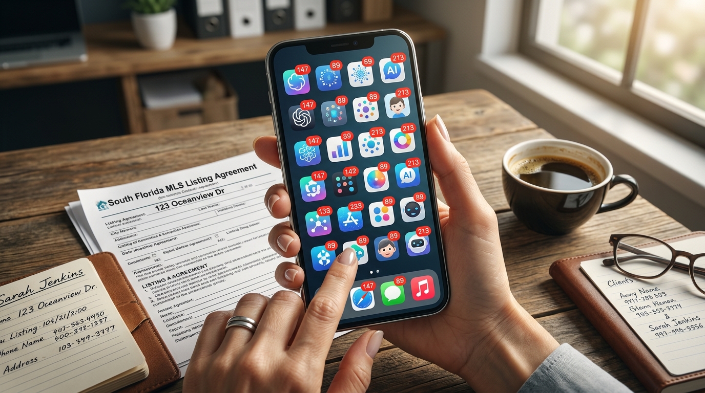 Overhead shot of a real estate agent's phone screen crowded with AI app icons and notification badges, conveying visual overwhelm from tool proliferation