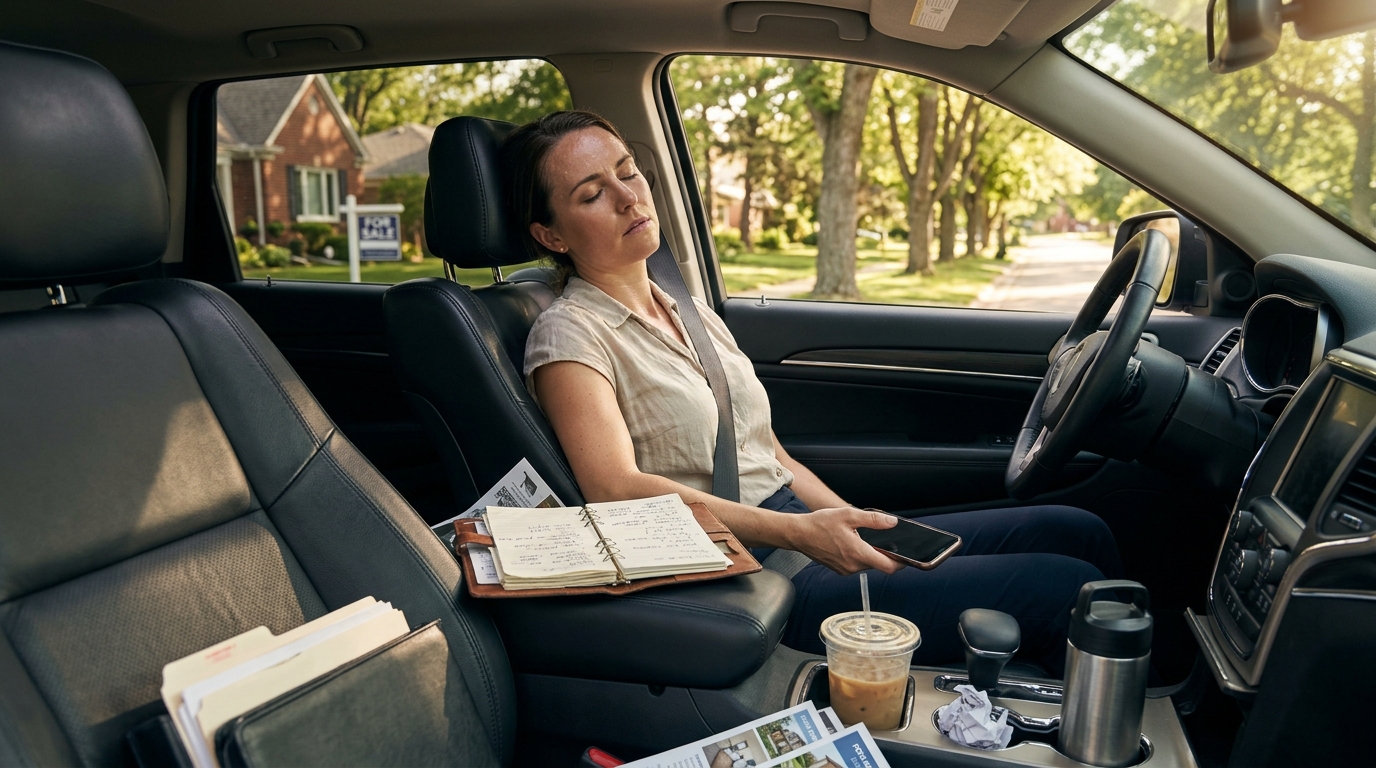 A real estate agent sitting in a parked car in a sunny suburban driveway, eyes closed and phone in hand, visibly exhausted between summer showings