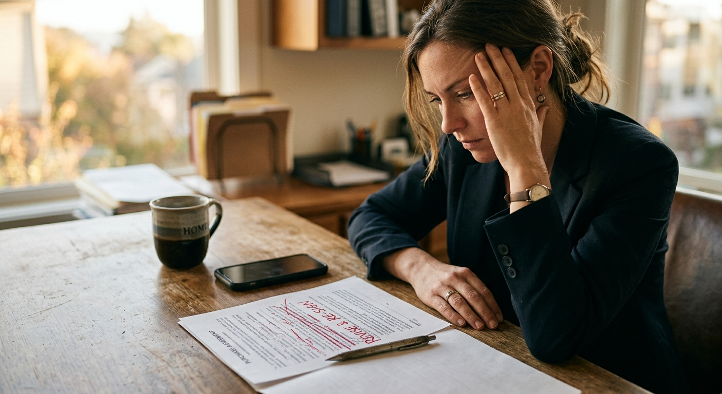 Close-up of a real estate agent's desk with a marked-up contract, red-ink correction, and the agent's hand pressing against their temple in quiet frustration under warm late-afternoon window light