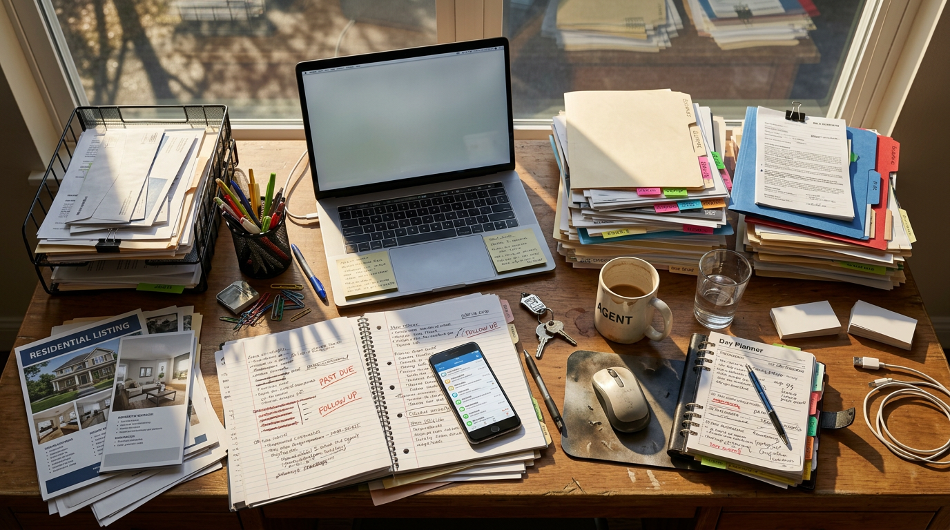 Overhead view of a real estate agent's cluttered desk in the afternoon — laptop open, phone with notifications, stacked folders, and a half-finished coffee with long shadows from afternoon light.
