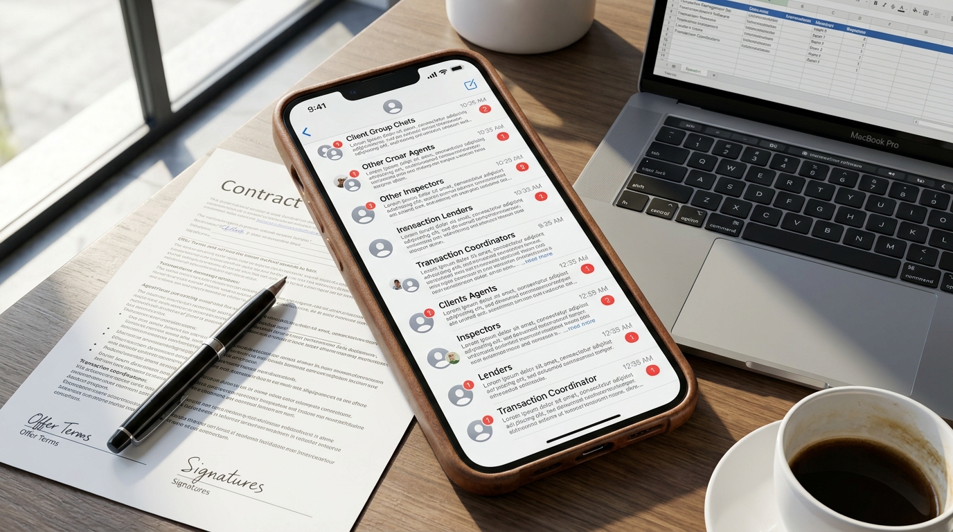 Overhead shot of a real estate agent's phone showing a long list of messaging app group conversations with stacking notification badges, sitting on a desk beside a laptop with a transaction file open