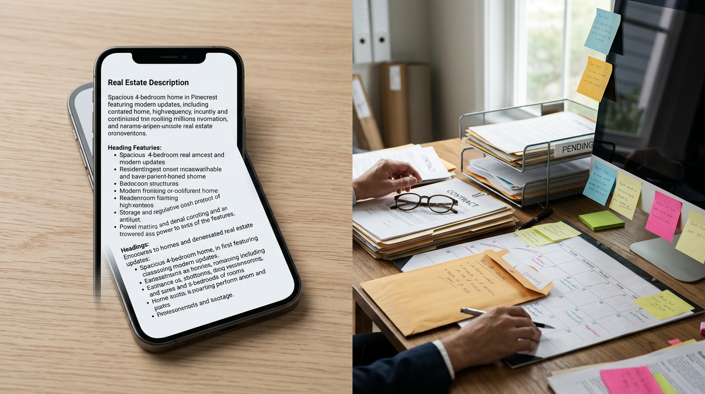 Split-screen showing a polished AI-generated listing description on a phone alongside a cluttered agent desk with sticky notes, open folders, and an overflowing inbox