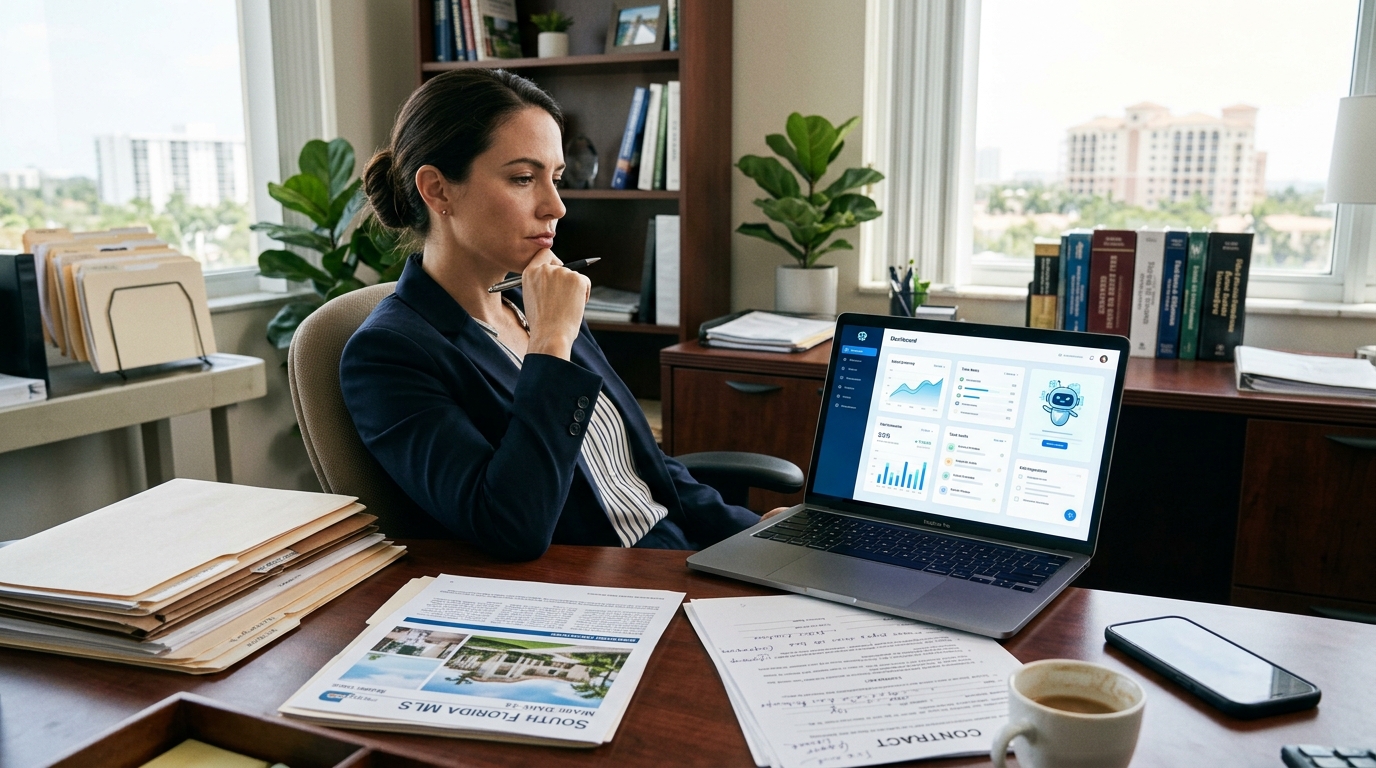 Real estate agent at a desk leaning back skeptically while a laptop screen shows a glowing AI Agent dashboard, contrasting marketing promise with real-world scrutiny