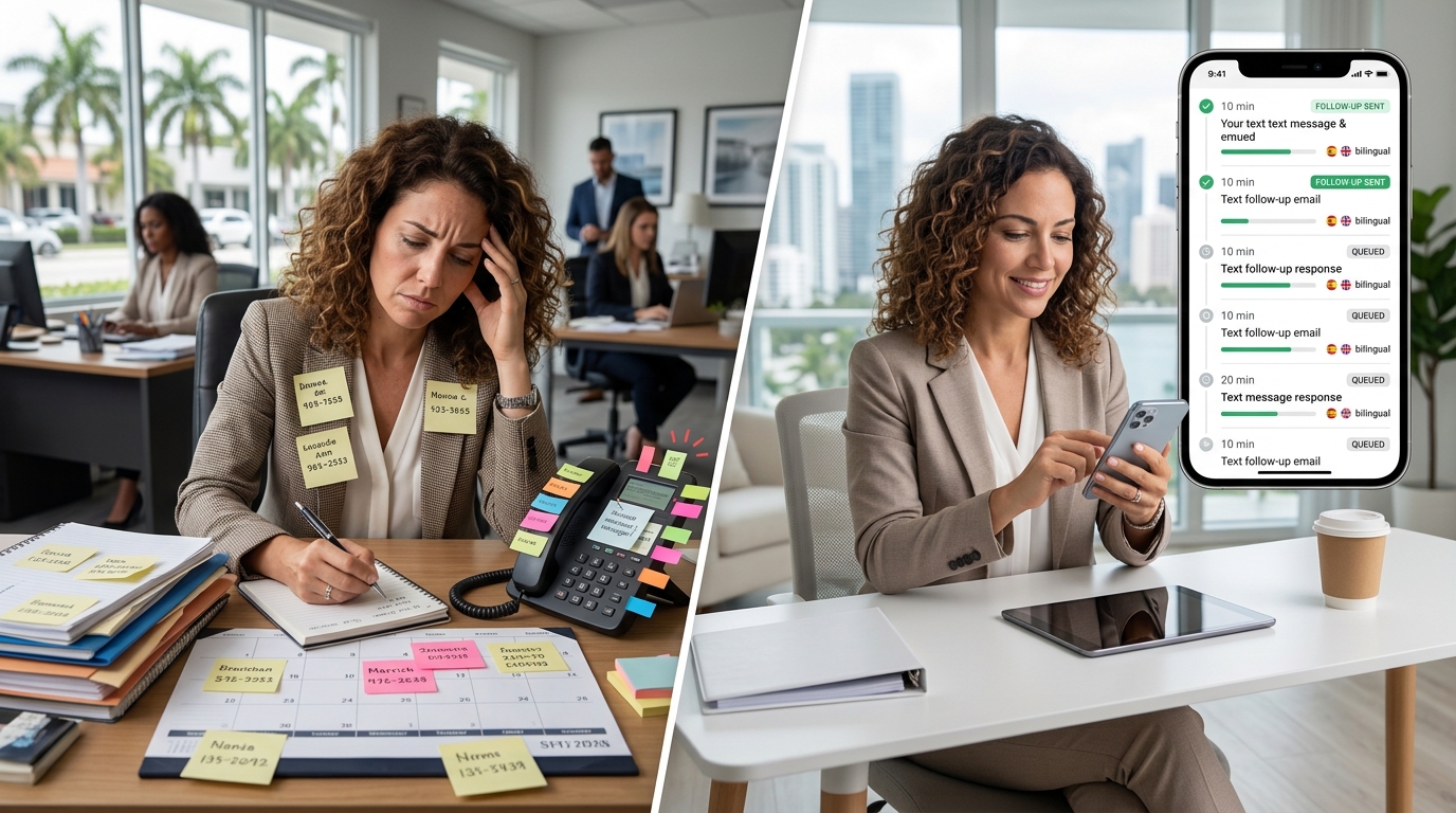 Split-frame comparison showing a stressed real estate agent overwhelmed by phone notifications and sticky notes on the left, and the same agent with a clean organized phone screen showing timed follow-up messages on the right