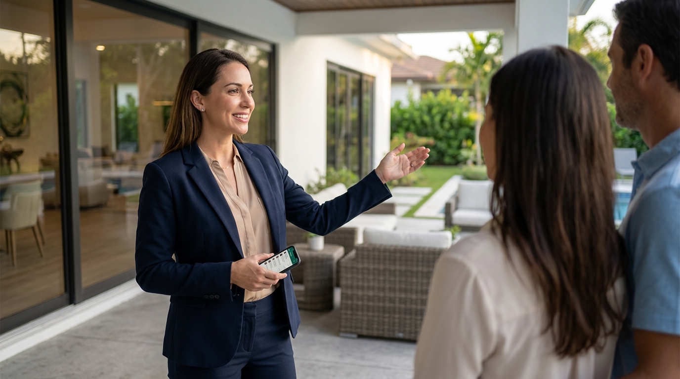 Agent's phone showing WhatsApp follow-up messages sent at different times while the agent is visibly at a property showing in the background, hands free