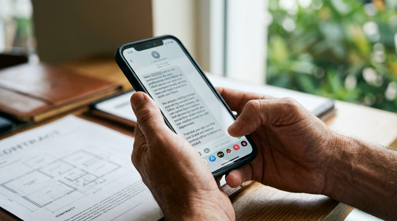 Close-up of a real estate agent's hands holding a phone with thumb hovering over a send button on a message thread, capturing the brief pause of reviewing an AI-drafted message