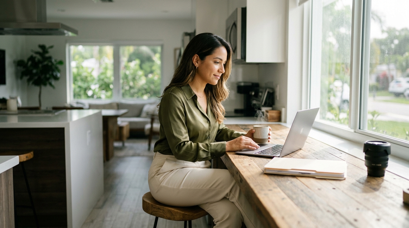 A real estate agent sitting at a sunlit kitchen table with a laptop and coffee, looking relaxed and unhurried