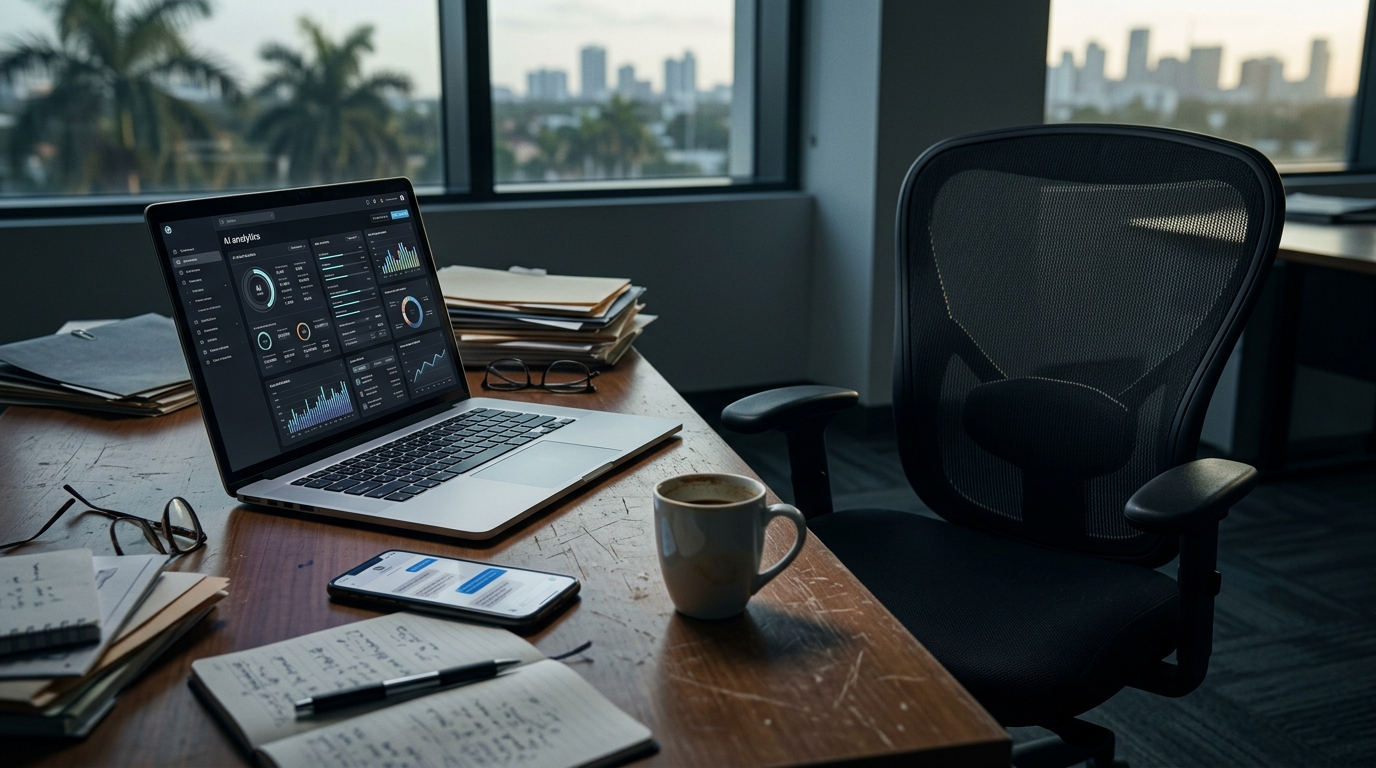 A laptop on a desk showing an AI tool dashboard with an empty office chair pushed back, a half-full coffee cup, and a phone showing a text thread — suggesting the agent left mid-setup and never returned