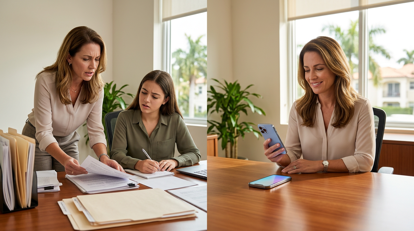 Split-composition photo of a real estate agent explaining paperwork to an assistant on one side, and the same agent alone at a clean desk calmly looking at a phone on the other — same office, different energy, natural lighting