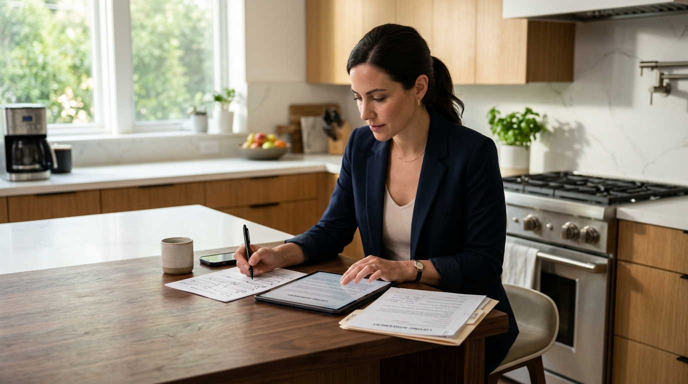 A real estate agent paused mid-scroll on a tablet, pen in hand, reviewing a document in a sunlit modern kitchen — capturing deliberate review rather than passive reading.