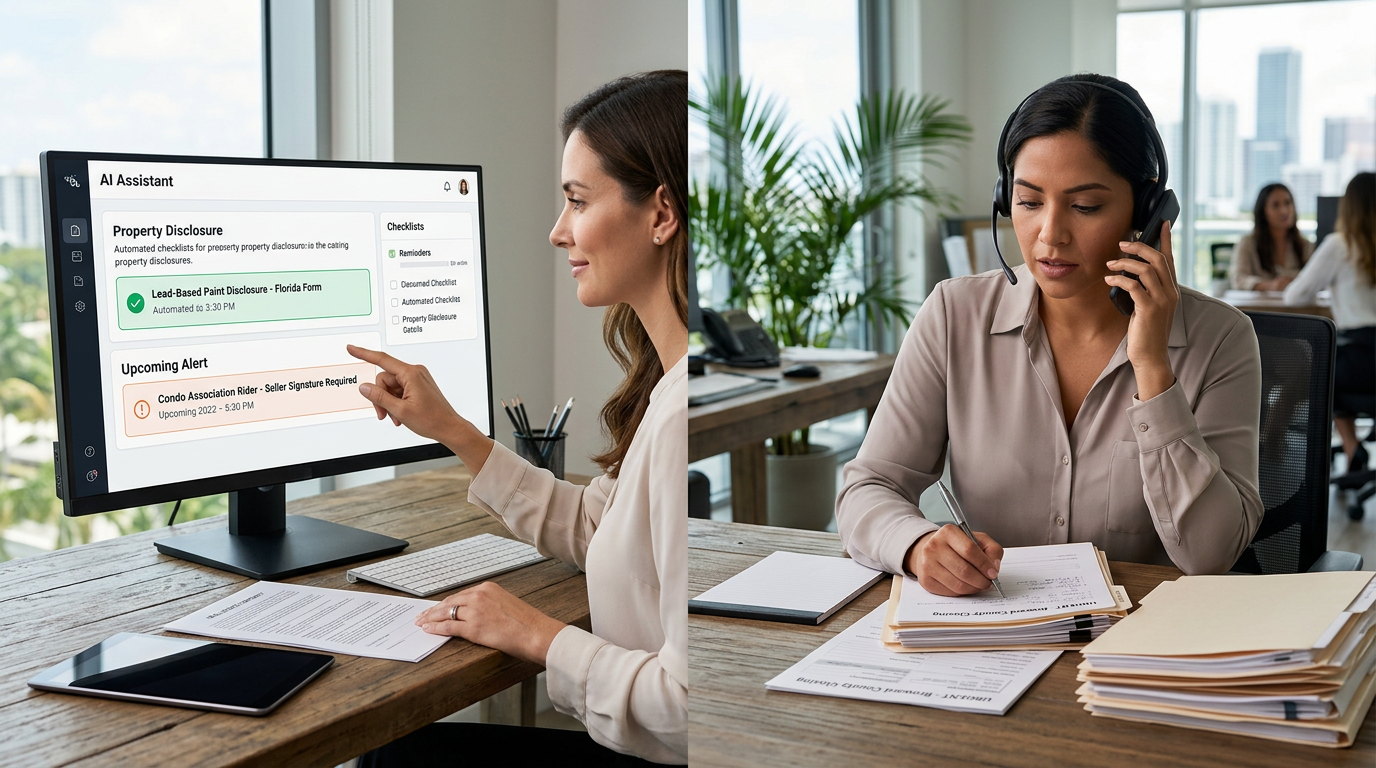 Split-frame photo showing an AI chat interface with automated document reminders on one side and a human assistant navigating a phone conversation on the other, illustrating the complementary roles of AI and human support in real estate