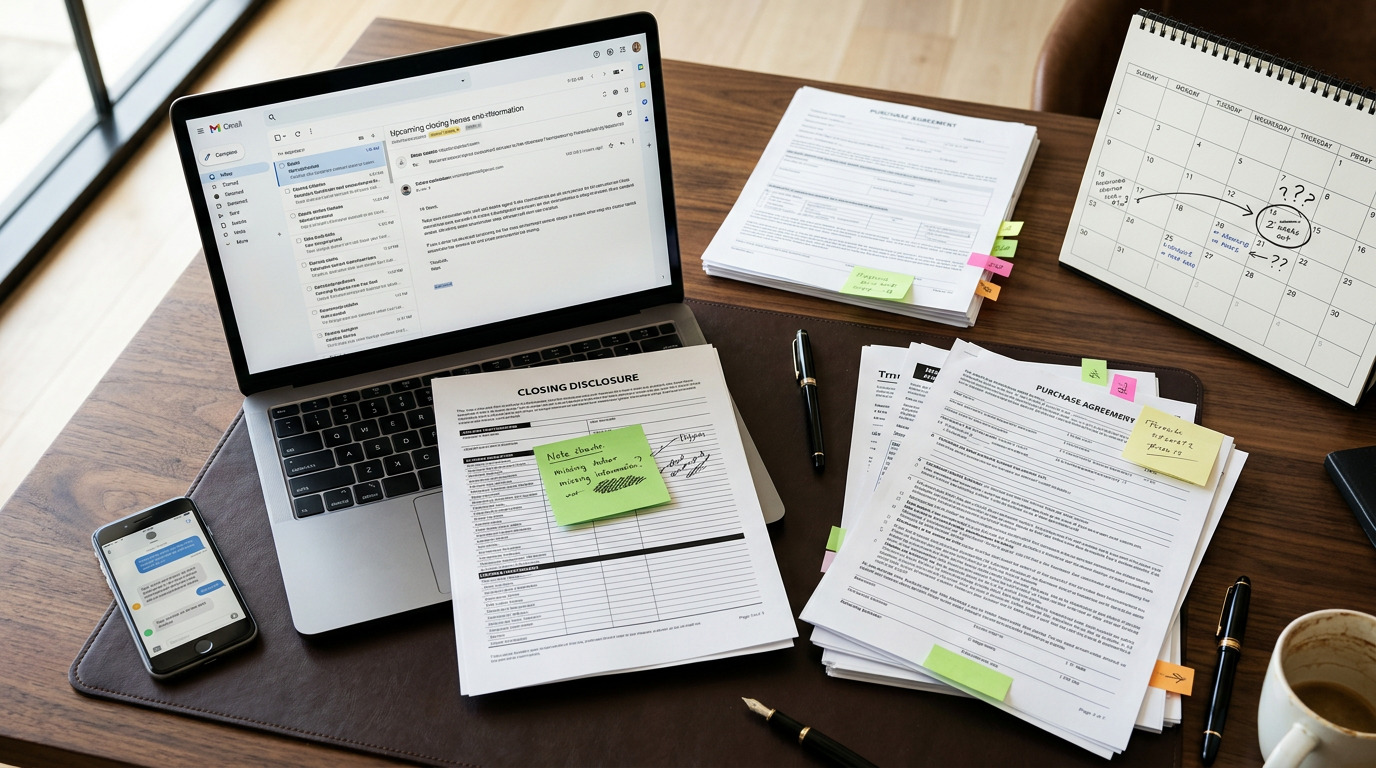 Overhead view of a real estate agent's desk mid-transaction with an open laptop, a printed closing disclosure flagged with a sticky note, a phone showing a WhatsApp conversation, and a calendar with a circled deadline