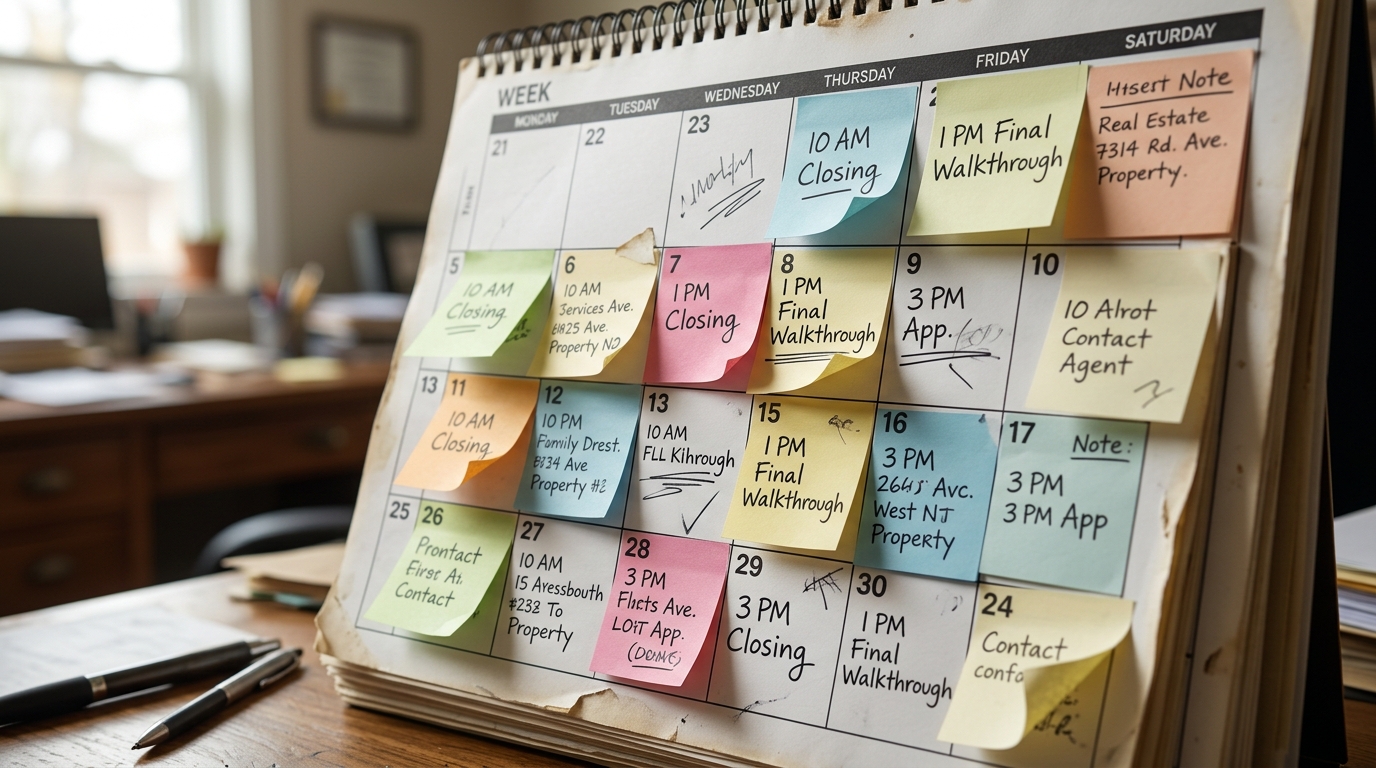 A wall planner zoomed in on a single week with multiple colored sticky notes overlapping on the same days, some handwritten with times and addresses, one slightly peeling off — the visual overwhelm of a stacked closing week