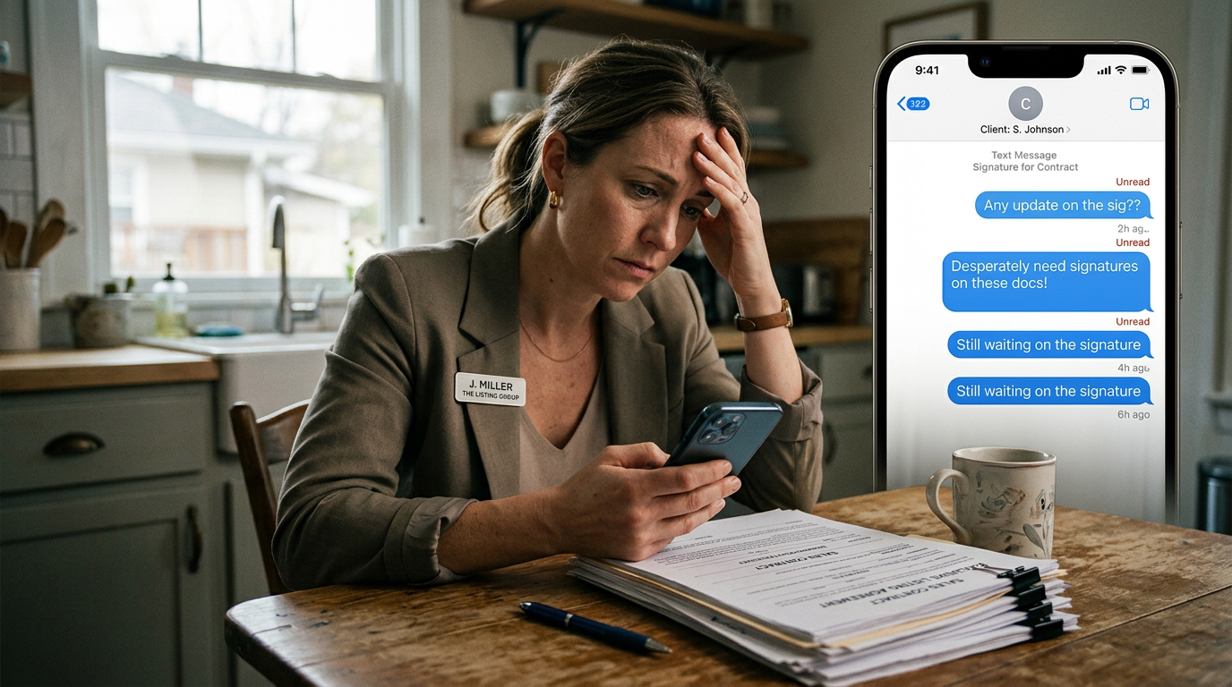 A real estate agent sitting at a kitchen table staring at a phone screen showing multiple unanswered text messages, with a stack of unsigned paper documents and a pen beside a coffee mug, natural afternoon light from a window