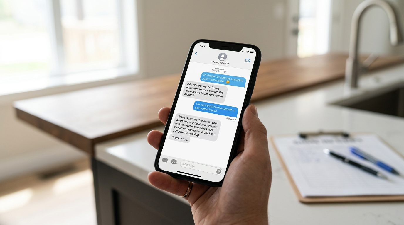 Real estate agent's phone showing a WhatsApp follow-up message after an open house, with a sign-in clipboard blurred in the background on a kitchen counter in warm natural light