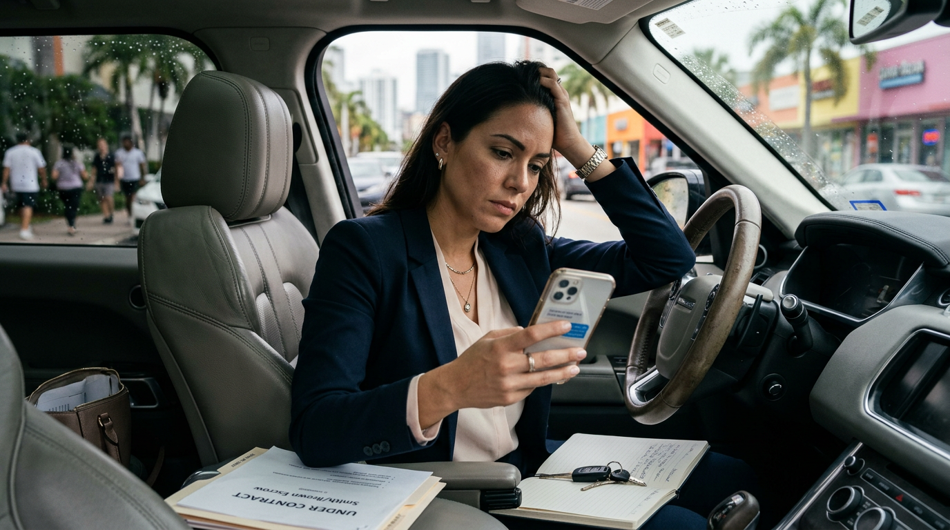 Real estate agent sitting in a parked car between appointments, staring at an unanswered text thread on their phone with a guilty expression