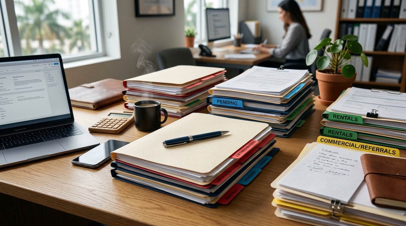 Overhead photo of a real estate agent's desk covered in neatly fanned-out transaction folders with colored tab dividers, a pen resting on top, natural window light casting soft shadows across the paperwork