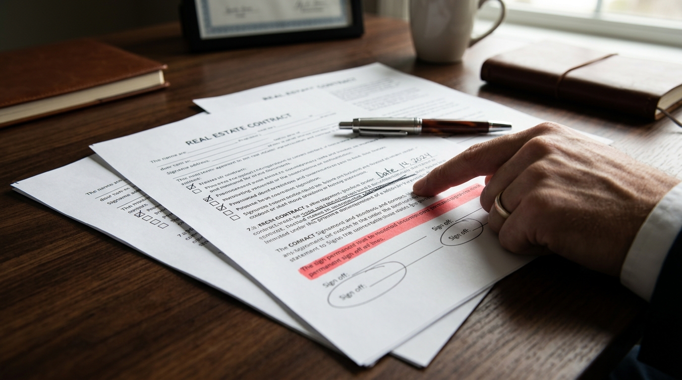 Close-up of a real estate contract on a desk with a pen and a red sticky note flagging a line item under warm natural office lighting