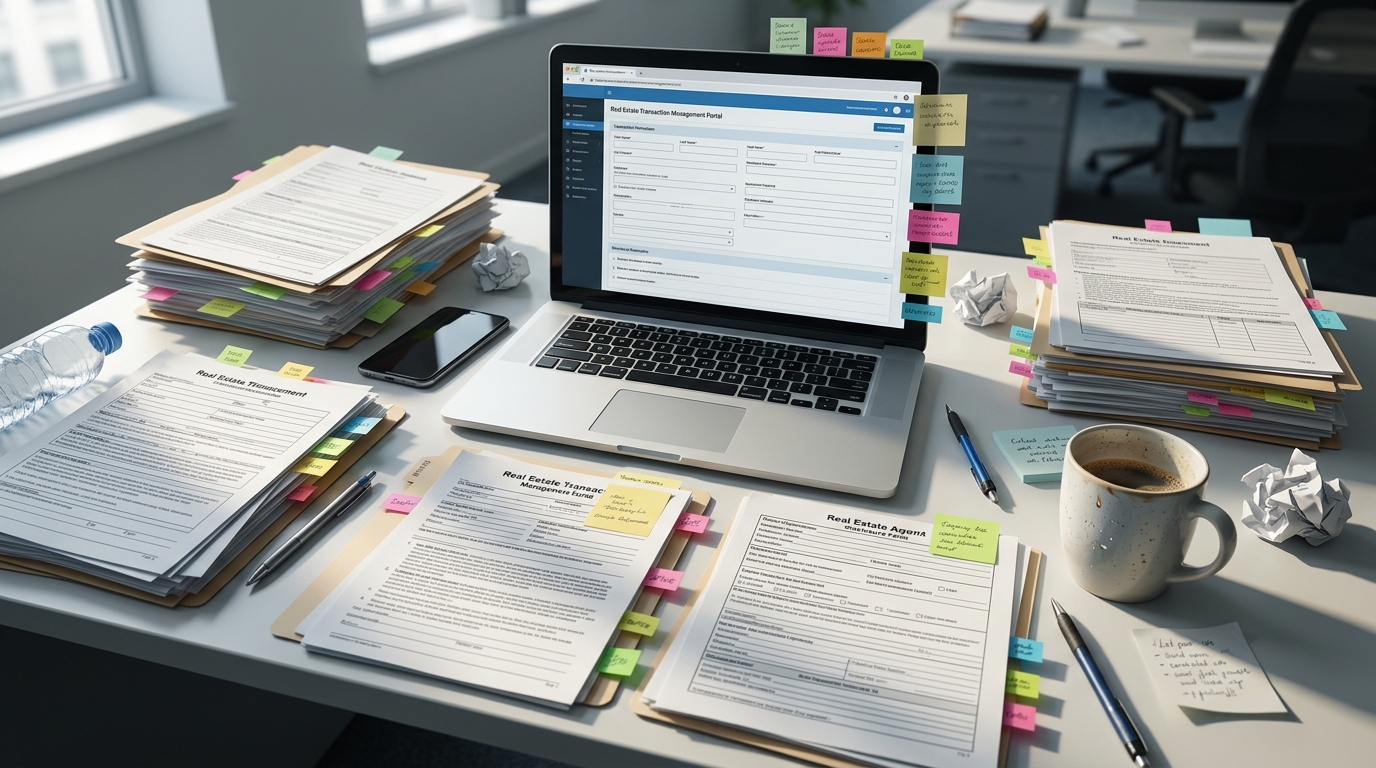 Overhead view of a real estate agent's cluttered desk mid-transaction with a laptop open to a document portal, stacked disclosure forms with sticky tabs, a phone face-down, and an untouched coffee going cold