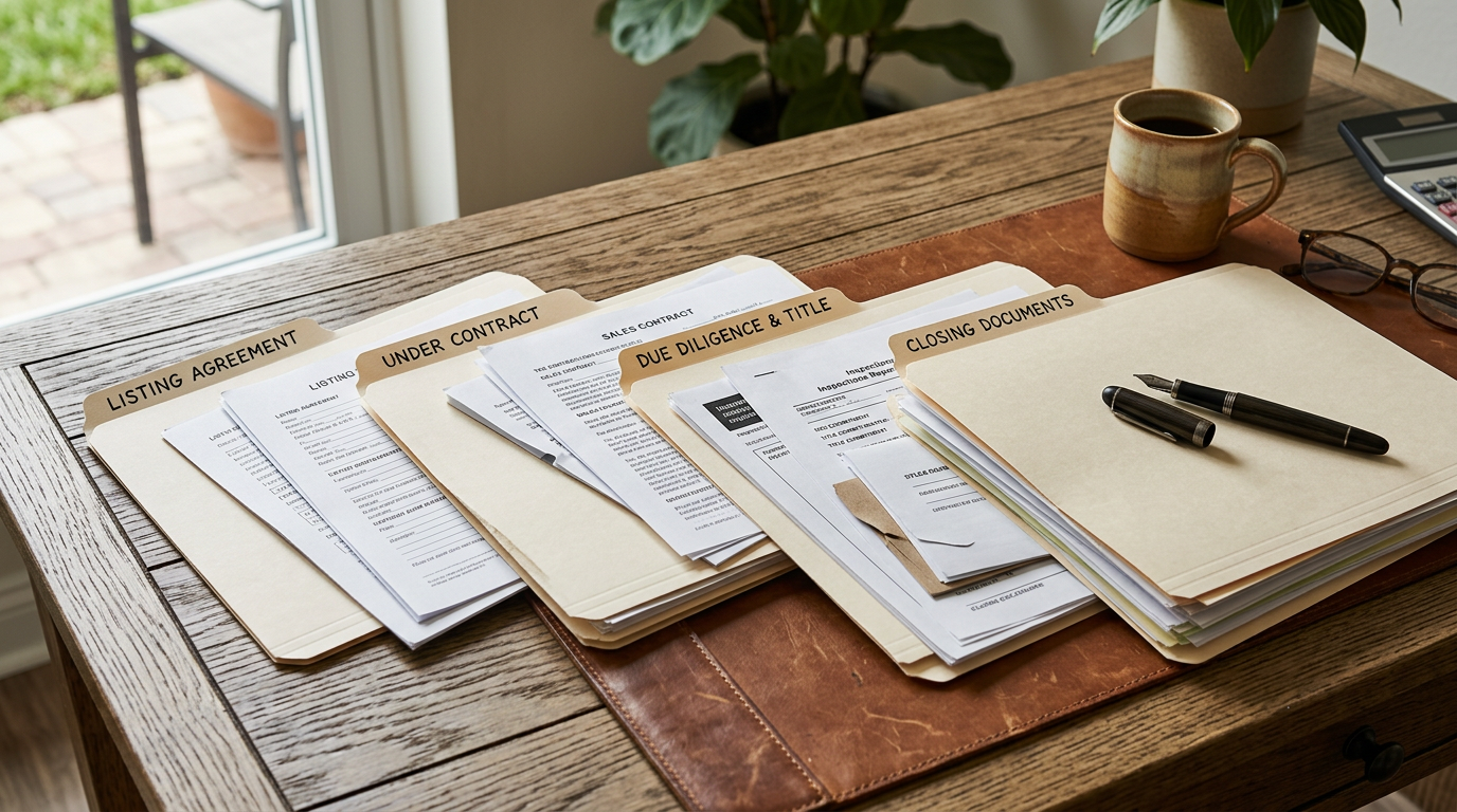 Overhead view of a real estate agent's desk with document folders progressing left to right labeled by deal stage from listing through closing, with a pen resting on the final folder