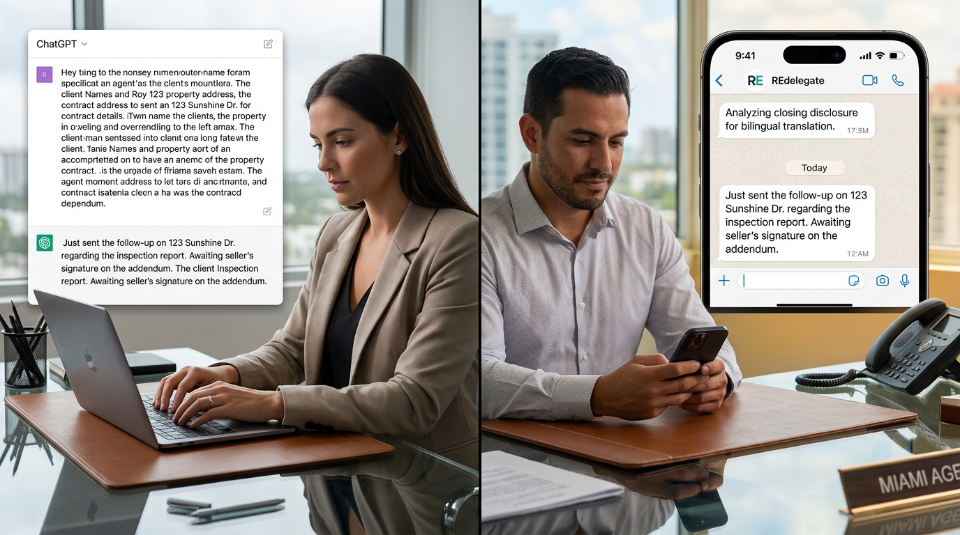 Split view of a laptop showing a long ChatGPT prompt re-explaining deal details beside a phone with a WhatsApp thread where Reddy has already sent a deal-specific follow-up