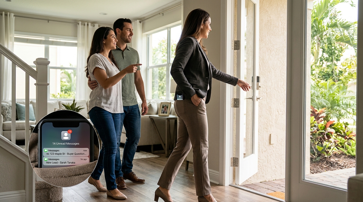 Real estate agent walking a client through a front door during a daytime showing, phone visible in back pocket with an unread notification on screen