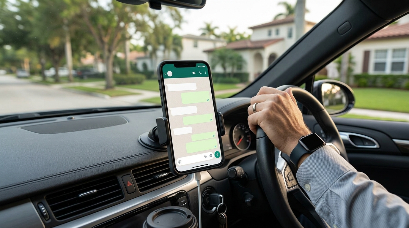 Close-up of a phone screen on a car steering wheel mount showing a WhatsApp conversation with a warm professional follow-up message, suggesting an agent between showings while the system handles communication