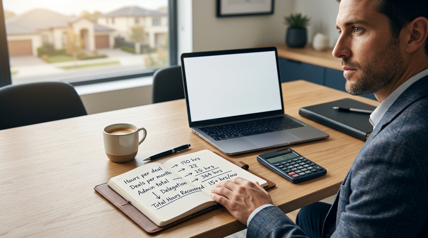 A clean workspace with a notebook open to handwritten time calculations — hours per deal, deals per month, total hours recovered — beside a calculator and coffee cup in morning light