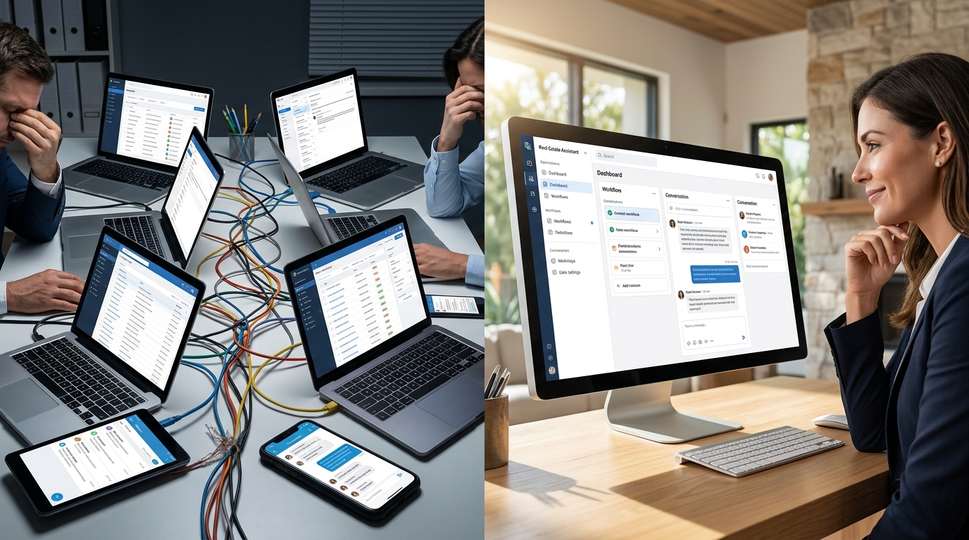 Split view showing a tangled web of app icons with broken connections on the left, and a single clean WhatsApp conversation with deal updates on the right